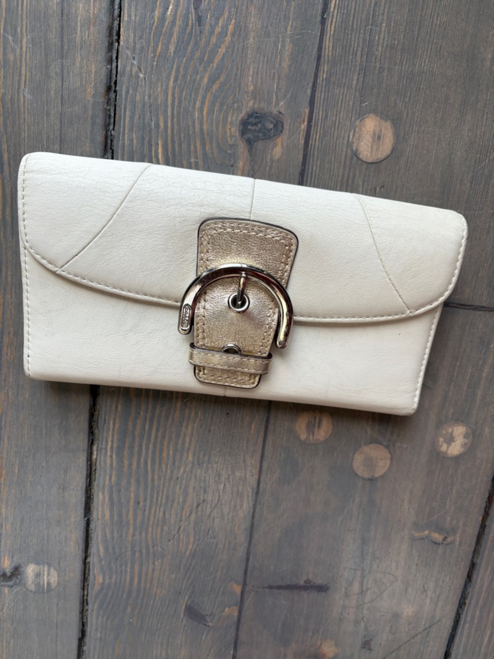 Coach Cream Leather Wallet with Gold Buckle Accent